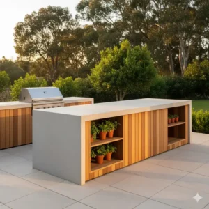 Gelungener Kontrast zwischen Beton und Holz bei der arbeitsplatte beton außenküche Gestaltung.