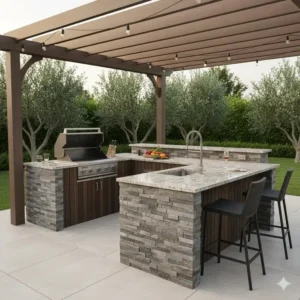 modulare arbeitsplatte granit außenküche im kompletten garten-setup