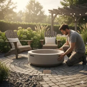 Endgültige Platzierung der fertigen Feuerstelle Beton selber bauen auf der Terrasse.