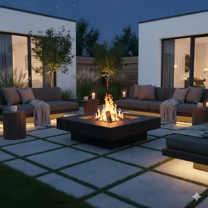 Feuerstelle garten modern design quadratisch und aus schwarzem metall für holzfeuerung, rustikal trifft modern.