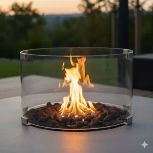 Glas-Windschutz auf der gas feuerstelle tisch terrasse für mehr Sicherheit.