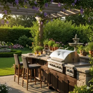 Ein gasgrill mit seitenbrenner in einer eleganten Außenküche, die in einen grünen Garten integriert ist.