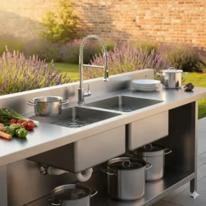 Professionelle Doppelbecken-Variante der Außenküche Spüle mit Wasserhahn für Gastronomie-Nutzung.