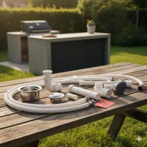 Das komplette Abfluss Set Außenküche (Sieb, Überlauf, Siphon, Rohre) vor der Installation im Garten.