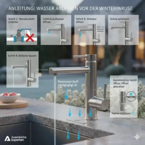Schema zur vollständigen Entleerung der Mischbatterie Außenküche frostfrei vor der Winterpause.