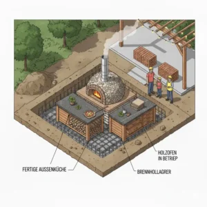 Pizzaofen Einbau Außenküche: Gesamtansicht der fertigen Outdoor-Küche mit Holzofen in Betrieb und Holzscheiten.