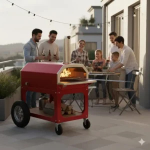 Auffälliges Design (z.B. in Rot) des Pizzaofen mobil für Terrasse als Blickfang im Garten.