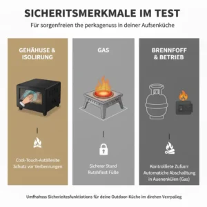 Sicherheitsmerkmale und -funktionen, die im Pizzaofen Außenküche Test berücksichtigt wurden.