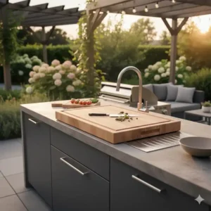 spülbecken außenküche edelstahl mit passender Abdeckung, die als zusätzliche Schneidebrett-Arbeitsfläche dient.