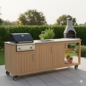 Spülmodul als Teil einer Grill-Kombination, enthält die Außenküche Spülbecken mit Ablage.