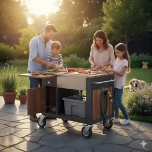 Eine Familie wäscht Geschirr an der Spülstation Außenküche Mobil nach dem Grillen.