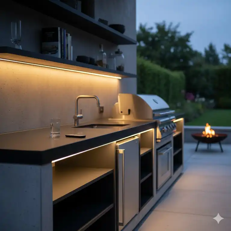 Led Beleuchtung Außenküche Set: Dimmbare, wasserdichte LED-Streifen unter den Schränken einer modernen Außenküche.
