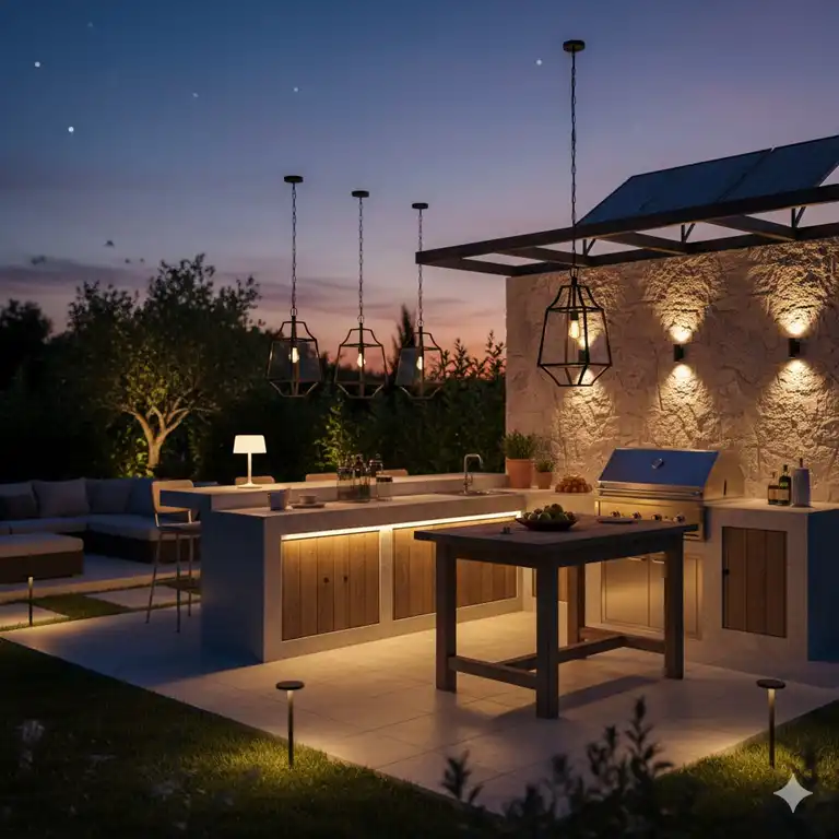 Elegante solar beleuchtung außenküche mit warmweißem LED-licht, das die Arbeitsplatte und den Grillbereich hervorhebt.