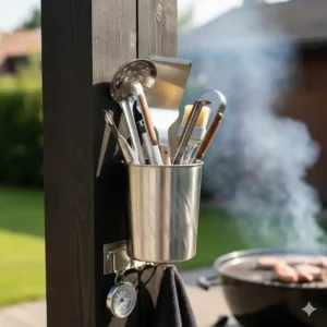 Ein detaillierter Blick auf den praktischen Utensilien Halter Außenküche, gefüllt mit Grillzangen und Wender.