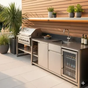 Schlanke, moderne Gartenküche aus Edelstahl mit dunkler Arbeitsplatte.