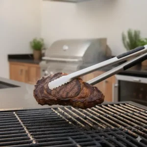 Robuste Grillzange aus dem Grillbesteck Set Außenküche