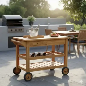 Hochwertigen Servierwagen für die Gartenküche kaufen aus Akazienholz. Ideal als Beistelltisch oder mobile Bar.