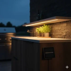 Detailaufnahme von Solar-LED-Streifen unter den Hängeschränken, perfekt als solar beleuchtung außenküche.