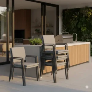 Praktische Lagerung von Stühle Außenküche Stapelbar für wenig Platz.