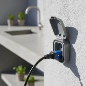 Nahaufnahme: Feuchtraumgeeignete außenküche steckdose wetterfest (IP44) mit Klappdeckel.