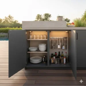 Innenansicht der aufbewahrung schrank außenküche mit optimal organisierbaren Regalböden.