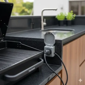 Anschluss für Elektrogrill an die robuste außenküche steckdose wetterfest.