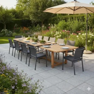 esstisch garten wetterfest groß mit Synchronauszug, bietet Platz für 10 bis 12 Personen.