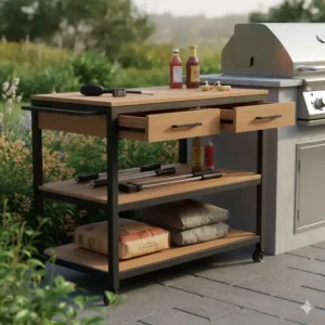 Servierwagen für die Gartenküche kaufen mit viel Stauraum: Schubladen und Ablagefächer für Grillzubehör.