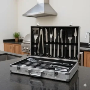 Komplettes Grillbesteck Set Außenküche im praktischen Aluminium-Koffer