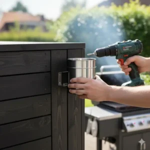 Einfache Wandmontage des Utensilien Halter Außenküche direkt neben der Grillstation.