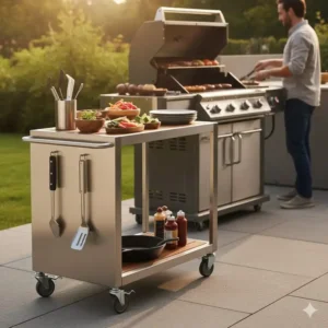 Praktisch neben dem Grill: Edelstahl Servierwagen Gartenküche kaufen, genutzt als Beistelltisch für Grillzubehör.