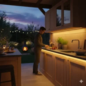 Warmweiße LED-Beleuchtung in der Außenküche schaffen eine gemütliche Atmosphäre. Hier können Sie Unterbauleuchten Außenküche Kaufen.