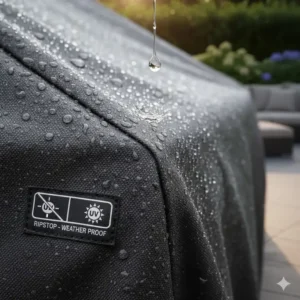 Detail der versiegelten Nähte, die die Abdeckhaube Außenküche wetterfest und 100% wasserdicht machen.