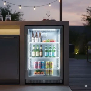 Eleganter Kühlschrank Außenküche Wetterfest mit Glastür und LED-Beleuchtung für eine gemütliche Abendatmosphäre.
