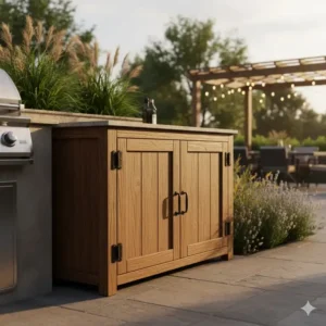 Rustikaler Holzschrank als aufbewahrung schrank außenküche für eine natürliche Ästhetik.