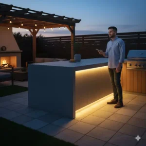 Dimmbare Beleuchtung in einer modernen Außenküche, ideal für die Abendstimmung. Jetzt Unterbauleuchten Außenküche Kaufen.