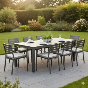 esstisch garten wetterfest groß aus pflegeleichtem Aluminium, rostfrei und stabil, anthrazitfarbenes Gestell.