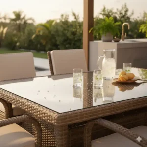 Pflegeleichte Glasplatte des Esstisch Set Außenküche Rattan.