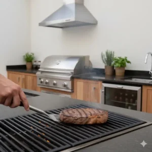 Ergonomischer Grillwender zum Wenden von Steaks mit dem Grillbesteck Set Außenküche