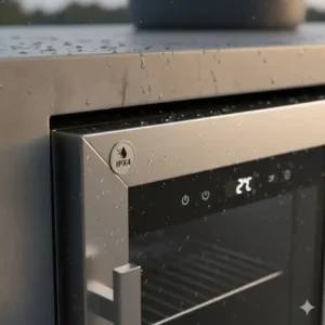 Nahansicht des Bedienfelds eines Kühlschrank Außenküche Wetterfest mit IPX4-Spritzwasserschutz.