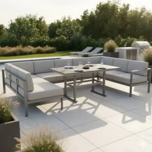 Modernes Loungeset mit höhenverstellbarem Esstisch für den Garten.