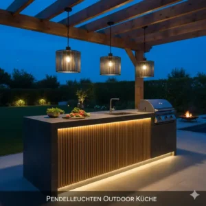 Stilvolle Pendelleuchten über der Kochinsel als Außenküche Beleuchtung Ideen