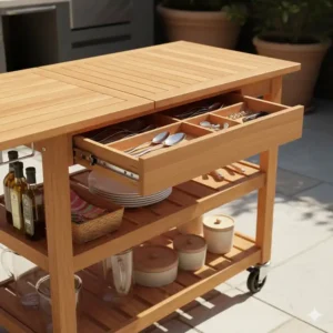 Vielseitiger Stauraum im Servierwagen Gartenküche kaufen: Zwei Ablageflächen und eine Besteckschublade für mehr Ordnung.