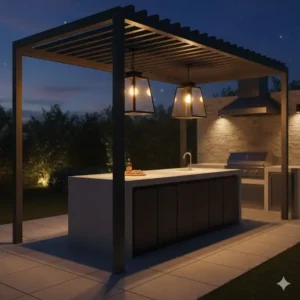 Dekorative Solar-Laternen hängen über der Kochinsel und sorgen für stimmungsvolle solar beleuchtung außenküche.