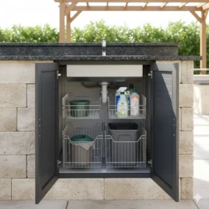 Lösung unter der Spüle: Aufbewahrung Schrank Außenküche für Reinigungsmittel.