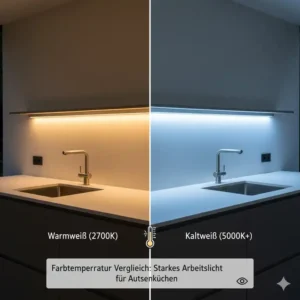 Vergleich der Lichtfarben für ein professionelles Arbeitslicht außenküche stark (kaltweiß).