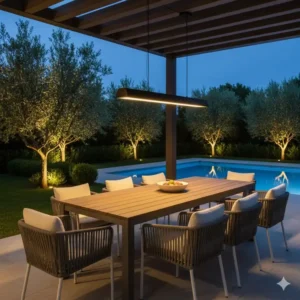 Warme Beleuchtung des Essbereichs durch eine elegante küchenlampe outdoor modern.