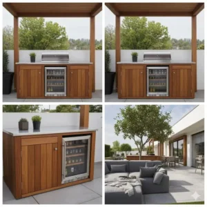 Ein integrierter Kühlschrank Außenküche Wetterfest in einer modularen Küchenzeile aus Holz und Edelstahl.