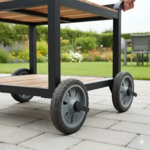 Wetterfesten Servierwagen für die Gartenküche kaufen mit großen, feststellbaren Rollen für einfachen Transport.