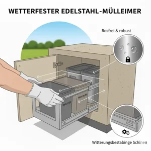 Mülleimer außenküche integriert aus hochwertigem, wetterfestem edelstahl, ideal für outdoor-bereiche.